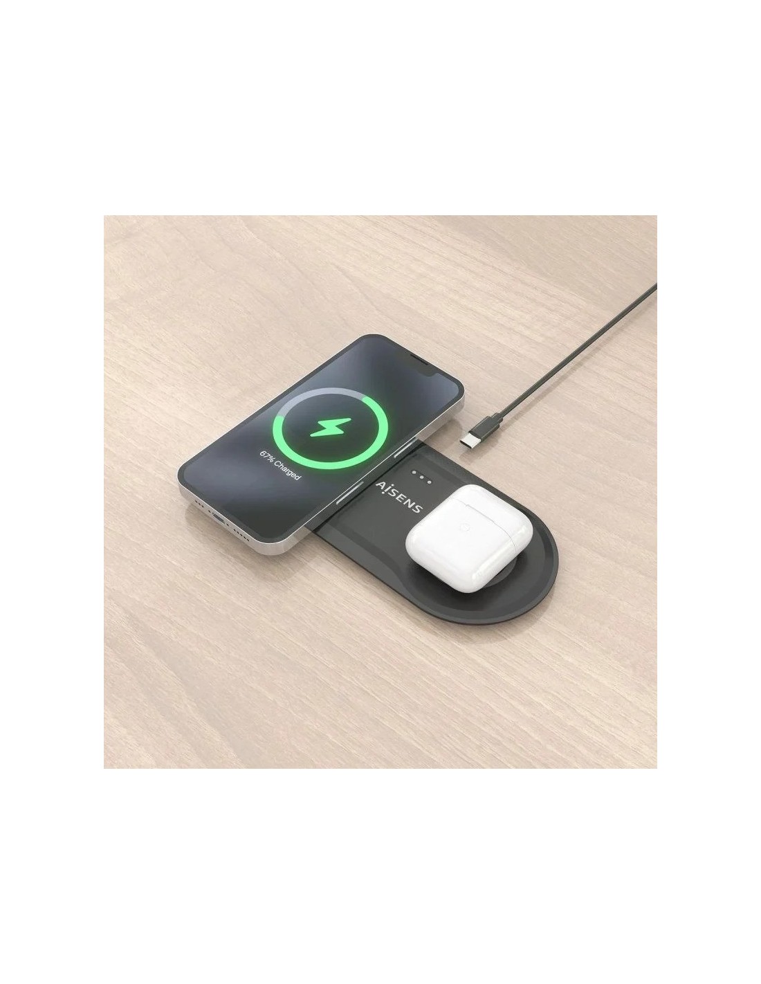 BASE DE CARGA AISENS WIRELESS SMARTPHONE/AURICULAR 15W USB-C BLACK