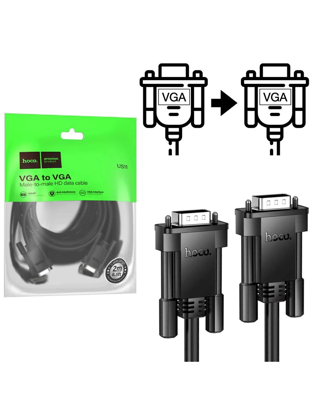 Hoco US11 Cable VGA a VGA de 2 Metros Negro