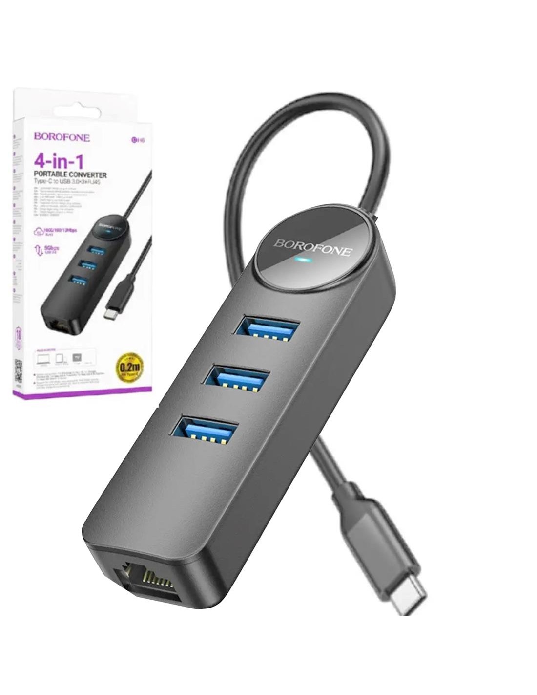 Borofone DH6 Hub USB-C con 3 puertos USB 3.0 y RJ45 1000/100