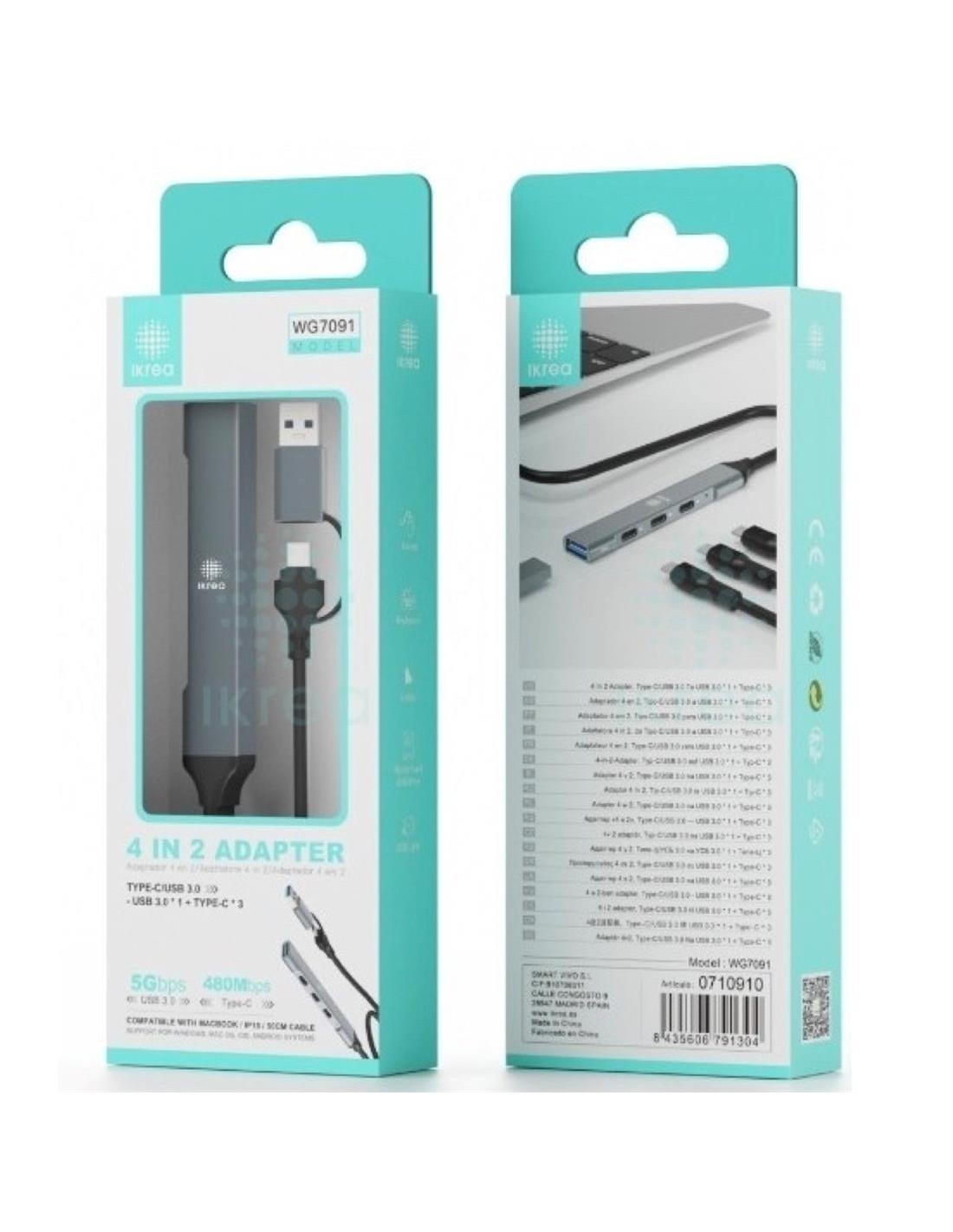 Hub USB-C a 3x USB-C y 1x USB-A 3.0 Ikrea WG7091