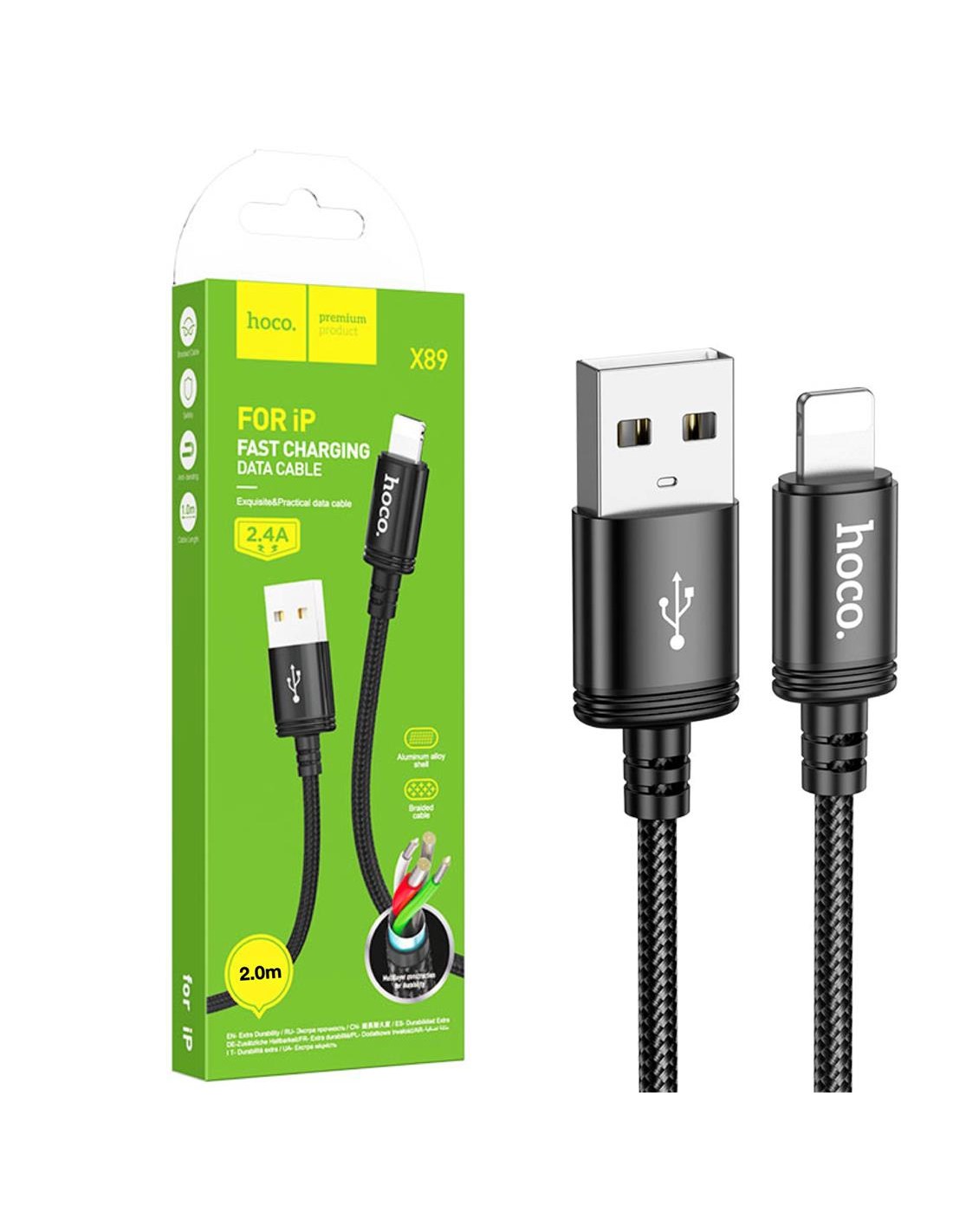 Cable USB a Lightning 2 metros 2.4 Amp Hoco X89 Reforzado Negro