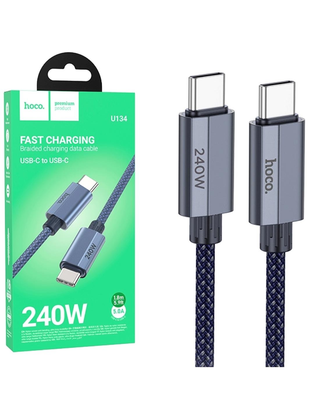 Cable USB-C a USB-C 240W 1.8 metros Reforzado Hoco U134 Azul