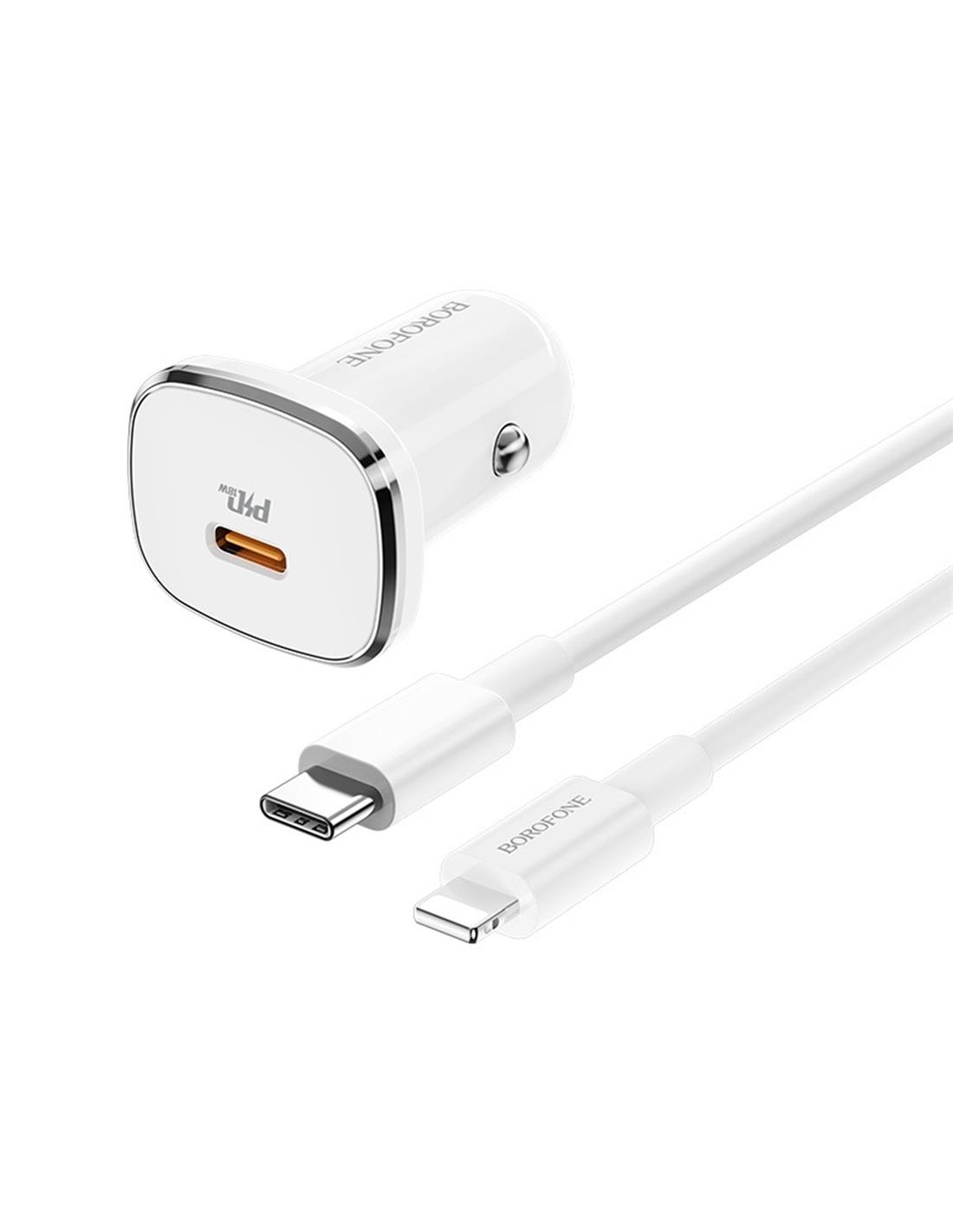 Cargador Coche USB-C 18W+ Cable USB-C- a Lightning Borofone BZ12B Blanco