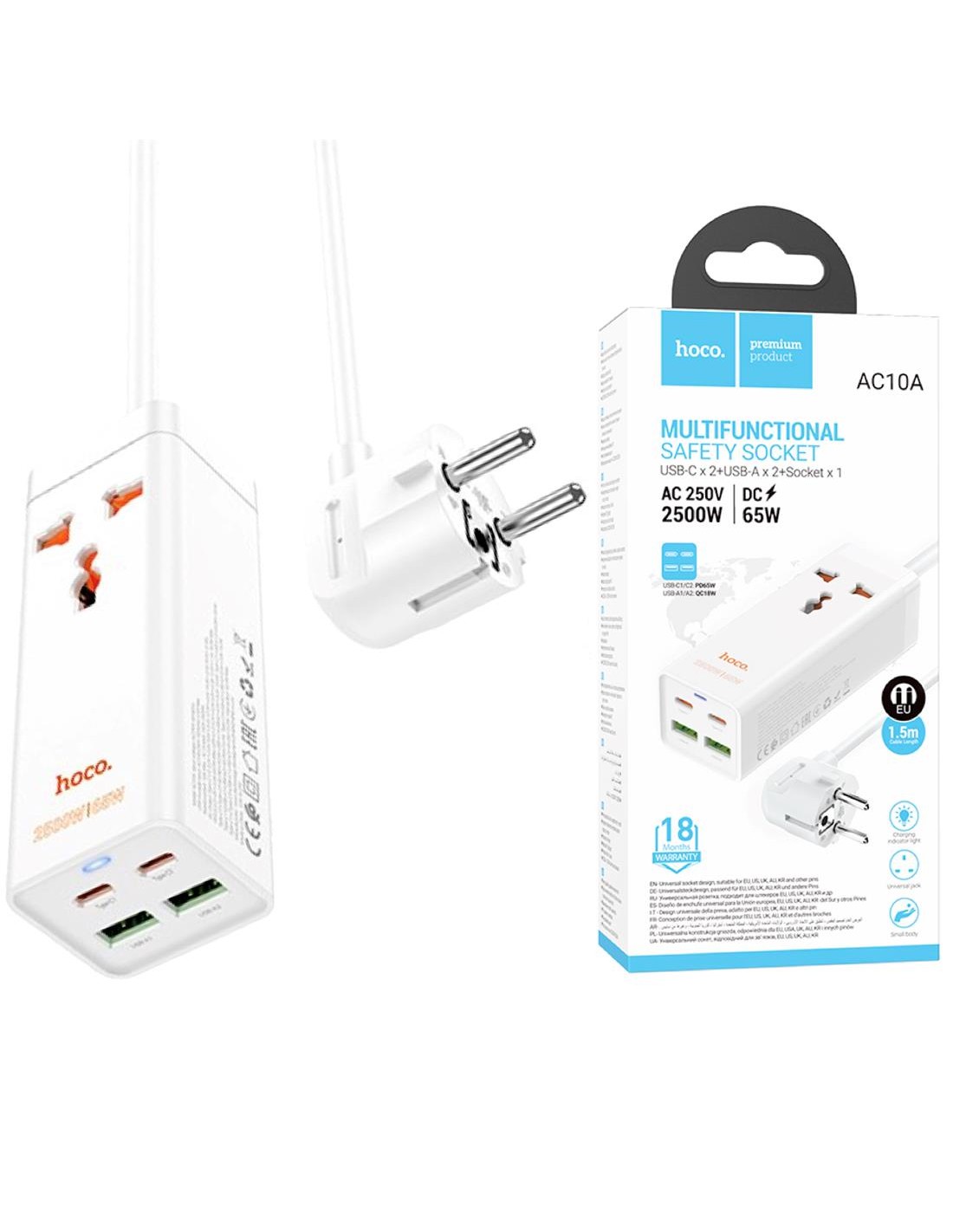 Cargador USB y USB-C 65W entrada MultipaÃs Hoco AC10A Blanco