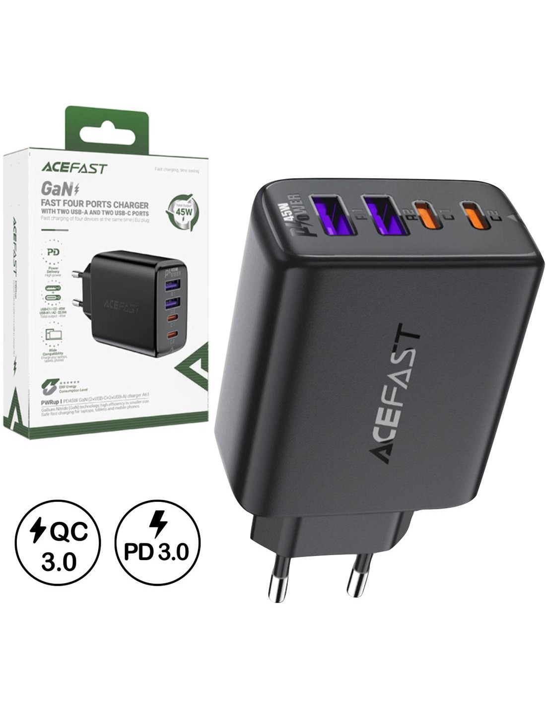 Cargador USB-C Acefast A61 PD45W GaN 2x USB-C+ 2x USB-A Negro