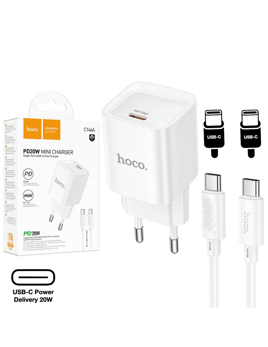 Cargador USB-C 20W + Cable USB-C Hoco C146A PD20W Blanco