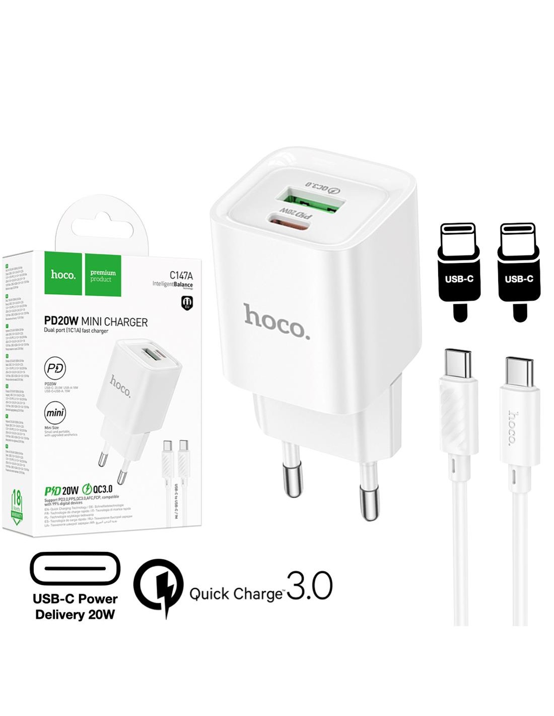 Hoco C147A Cargador Cham PD20W+QC3.0 Type-C to C White