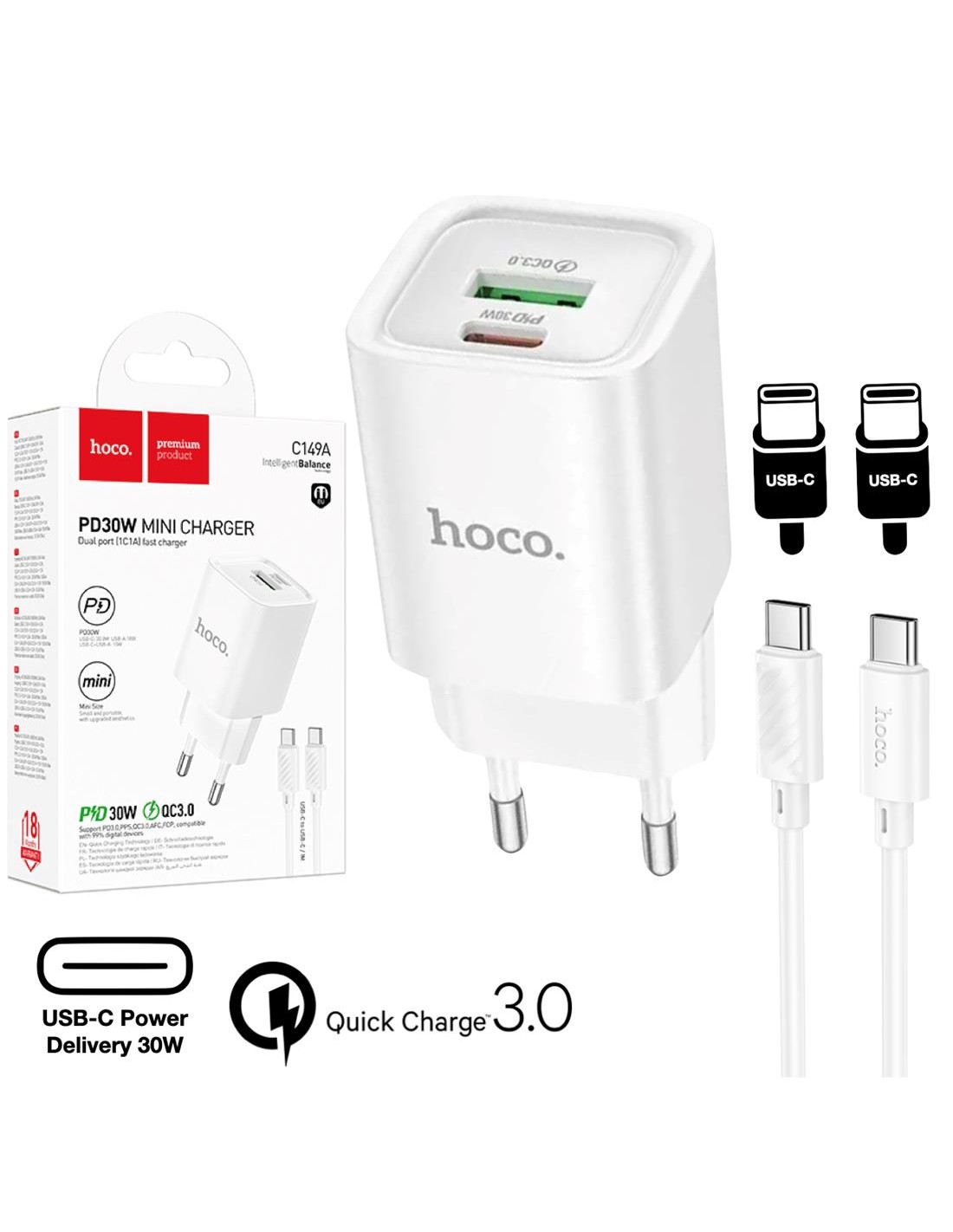 Hoco C149A Cargador Cham PD30W+QC3.0 Type-C to C White
