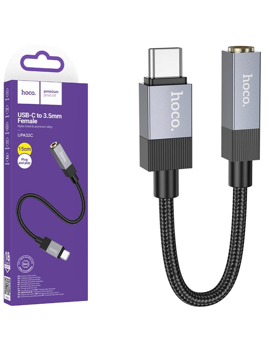 Hoco UPA32C Adaptador USB-C a Jack 3.5mm Negro