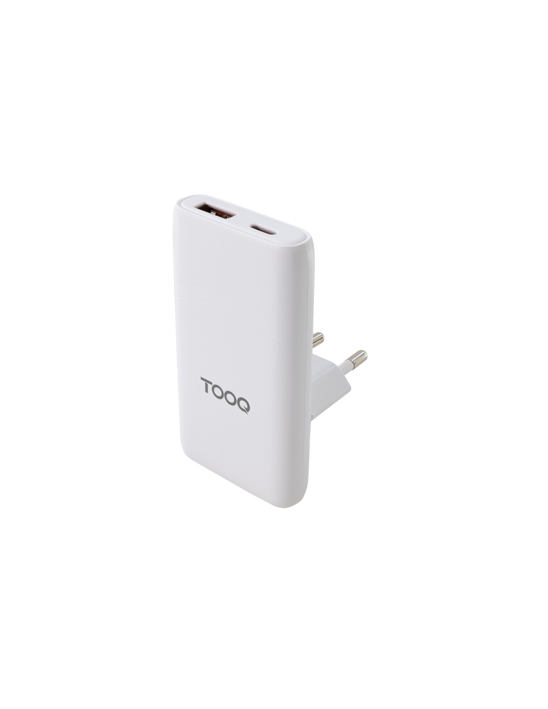 TooQ Cargador de viaje Tipo C y Tipo A, GaN 65W, USB-C/PD + USB-A/QC, Blanco