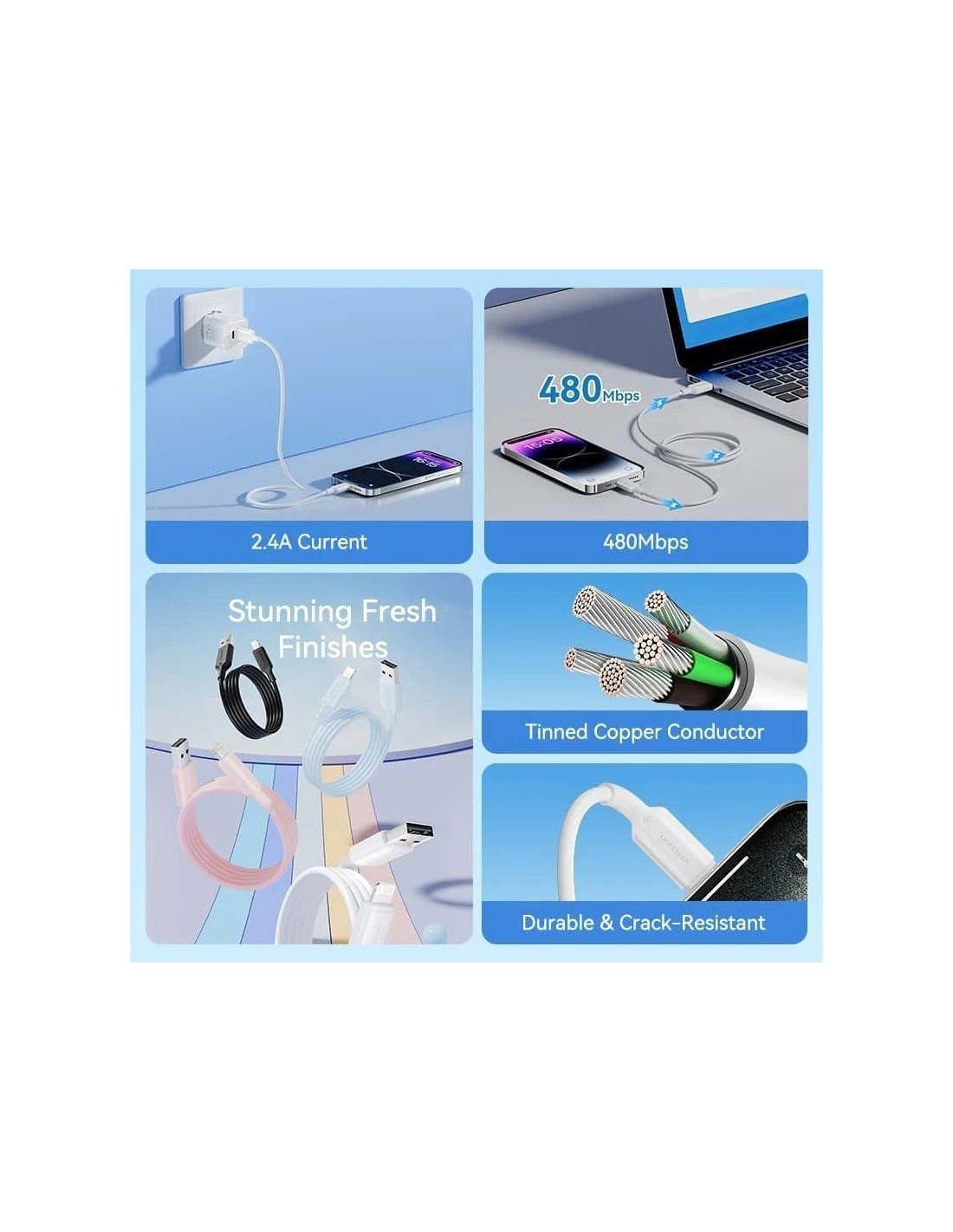 CABLE VENTION USB-A 2.0 - LIGHTNING 2.4A 1M WHITE