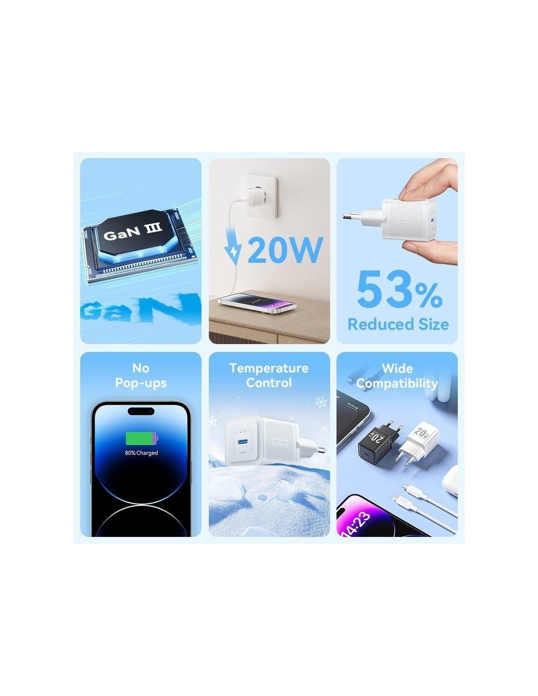 CARGADOR DE PARED VENTION GAN USB-C 20W BLACK + CABLE UCB-C - LIGHTNING 1M BLACK