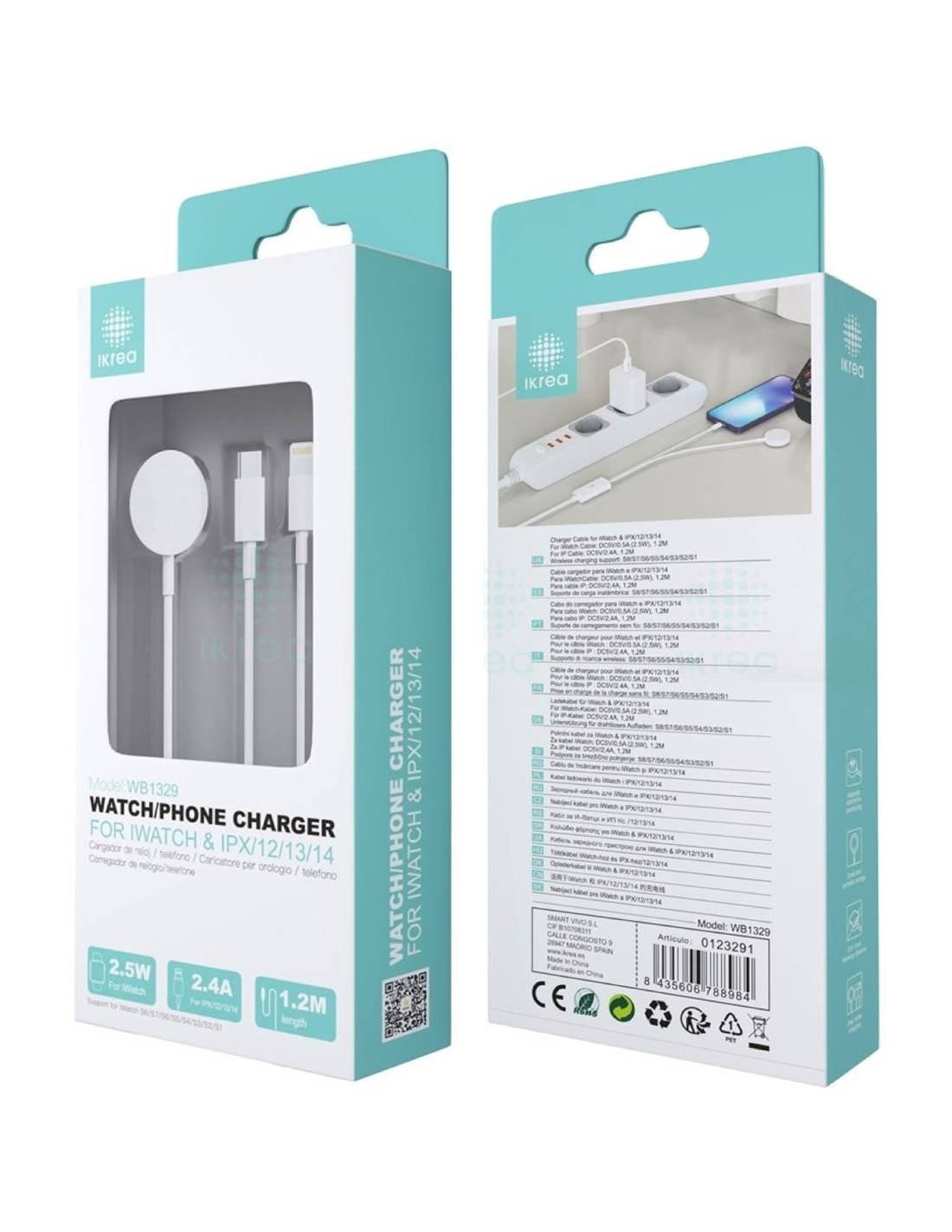 Cable Cargador Apple Watch USB-C y Lightning Ikrea WB1330