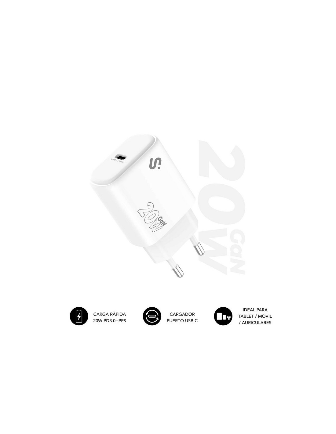 CARGADOR DE PARED SUBBLIM GAN USB-C 20W WHITE