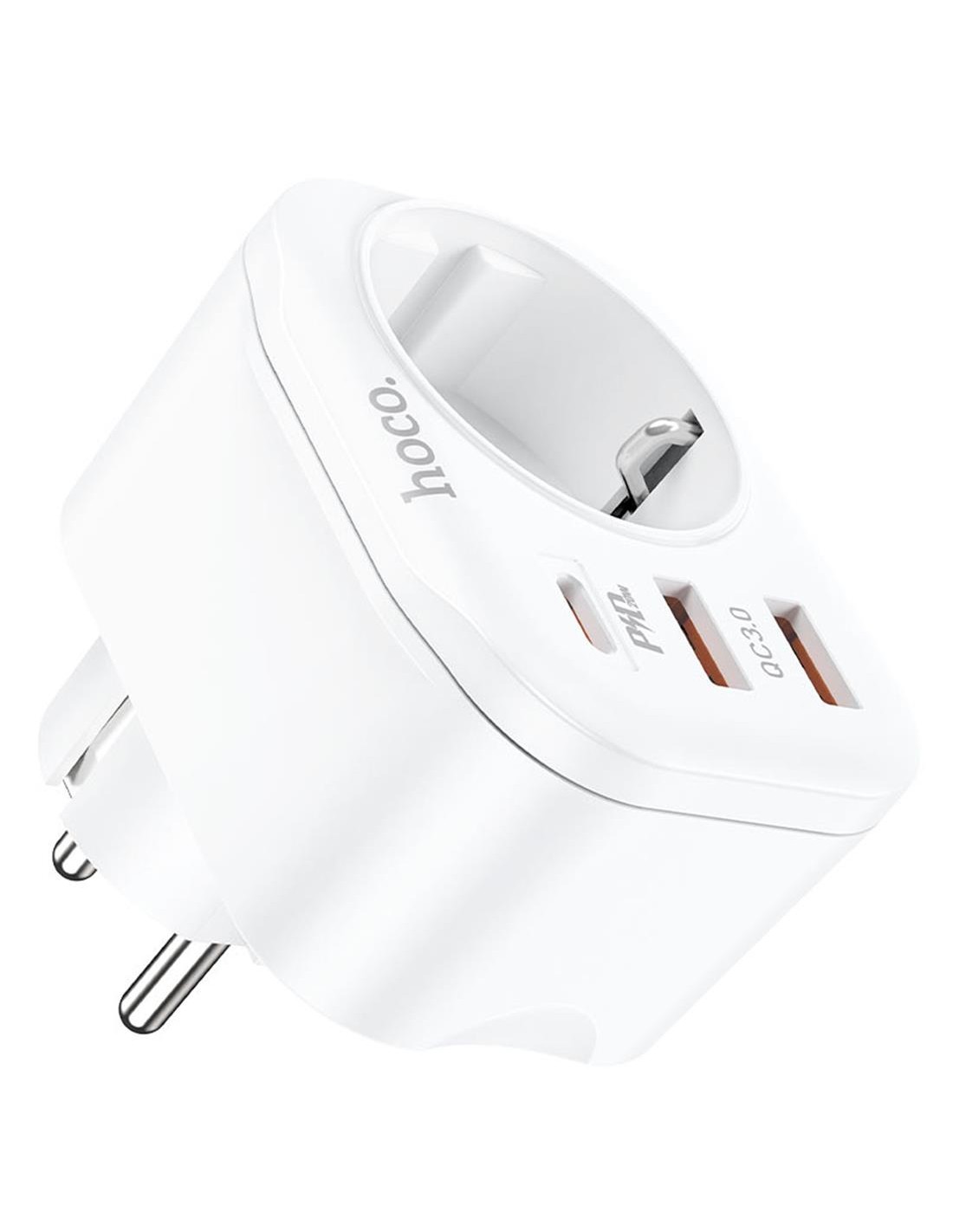 Hoco NS3 Enchufe 1 Toma + 2 USB 18W + 1 USB 20W Blanco