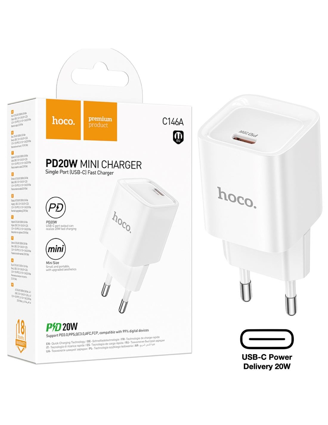Cargador USB-C 20W Hoco C146A PD20W Blanco