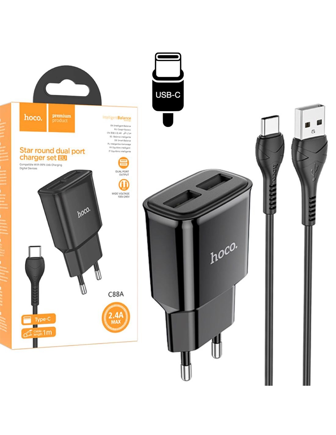 Hoco C88A Cargador Star Round Dual Port + Cable USB-C Negro