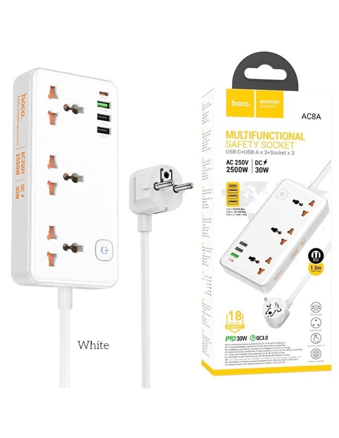 Hoco AC8A Regleta MultipaÃ­s con salidas USB 30W Blanco