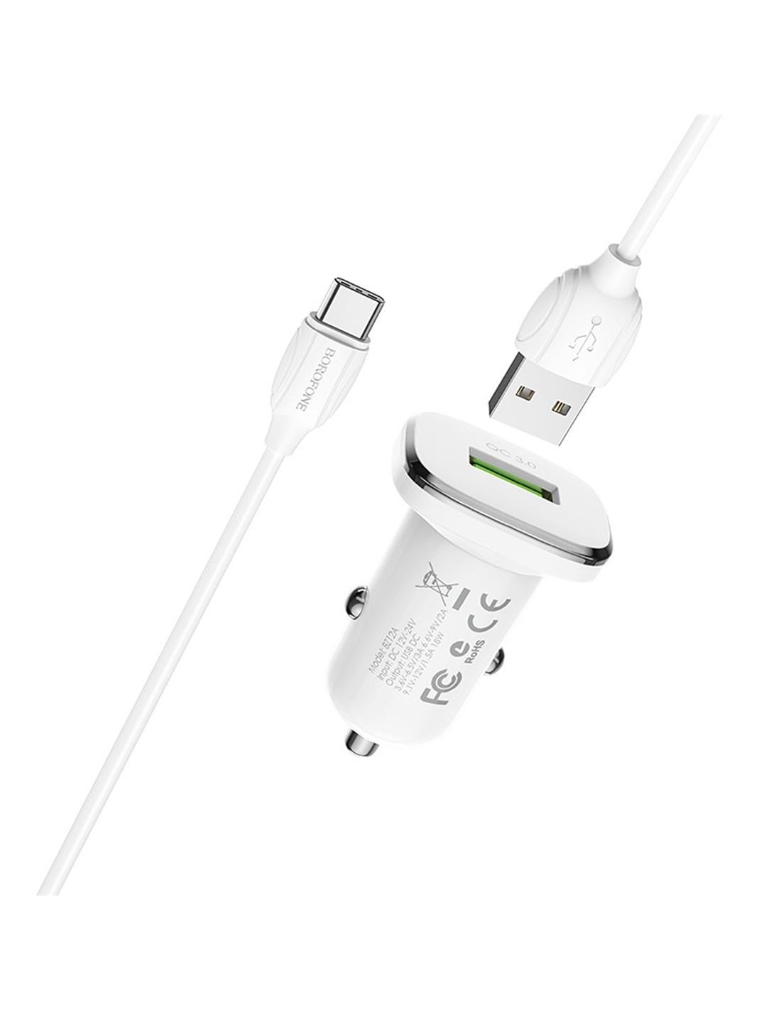 Cargador Coche USB 2.4Amp+ Cable USB a USB-C Borofone BZ12A Blanco