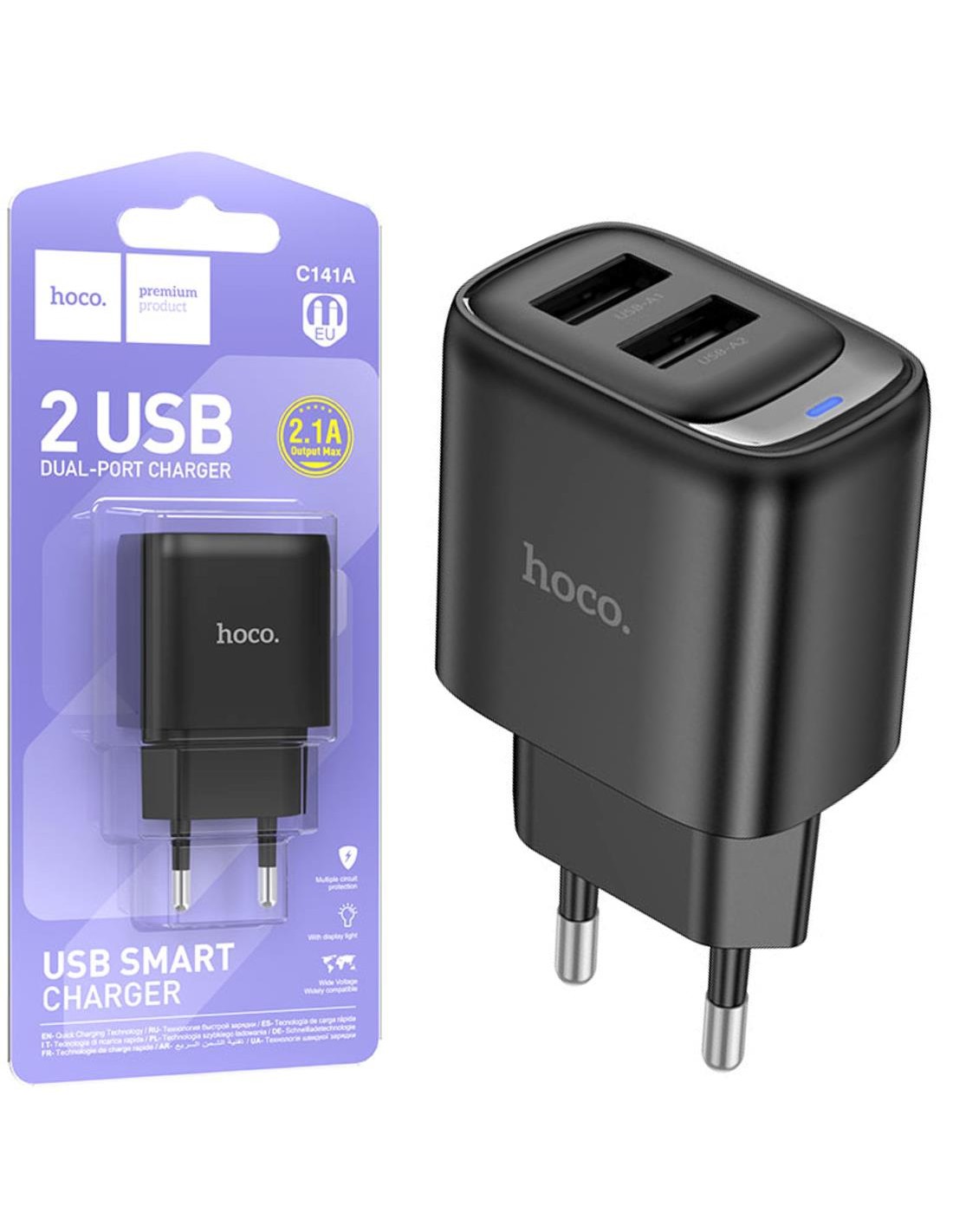 Cargador USB-A X2 Hoco C141A 2.1Amp Negro