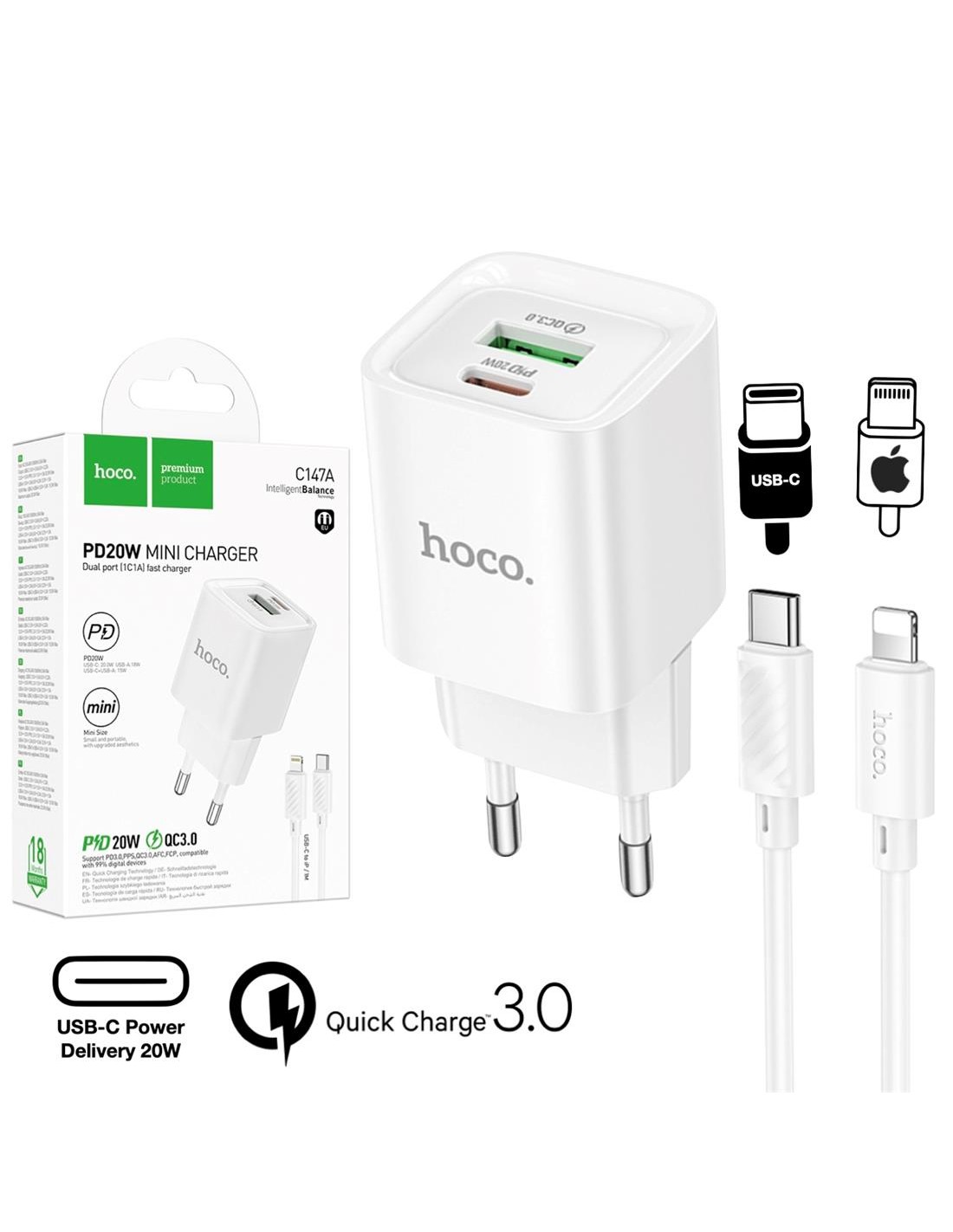 Hoco C147A Cargador Cham PD20W+QC3.0 Type-C to Lightning White
