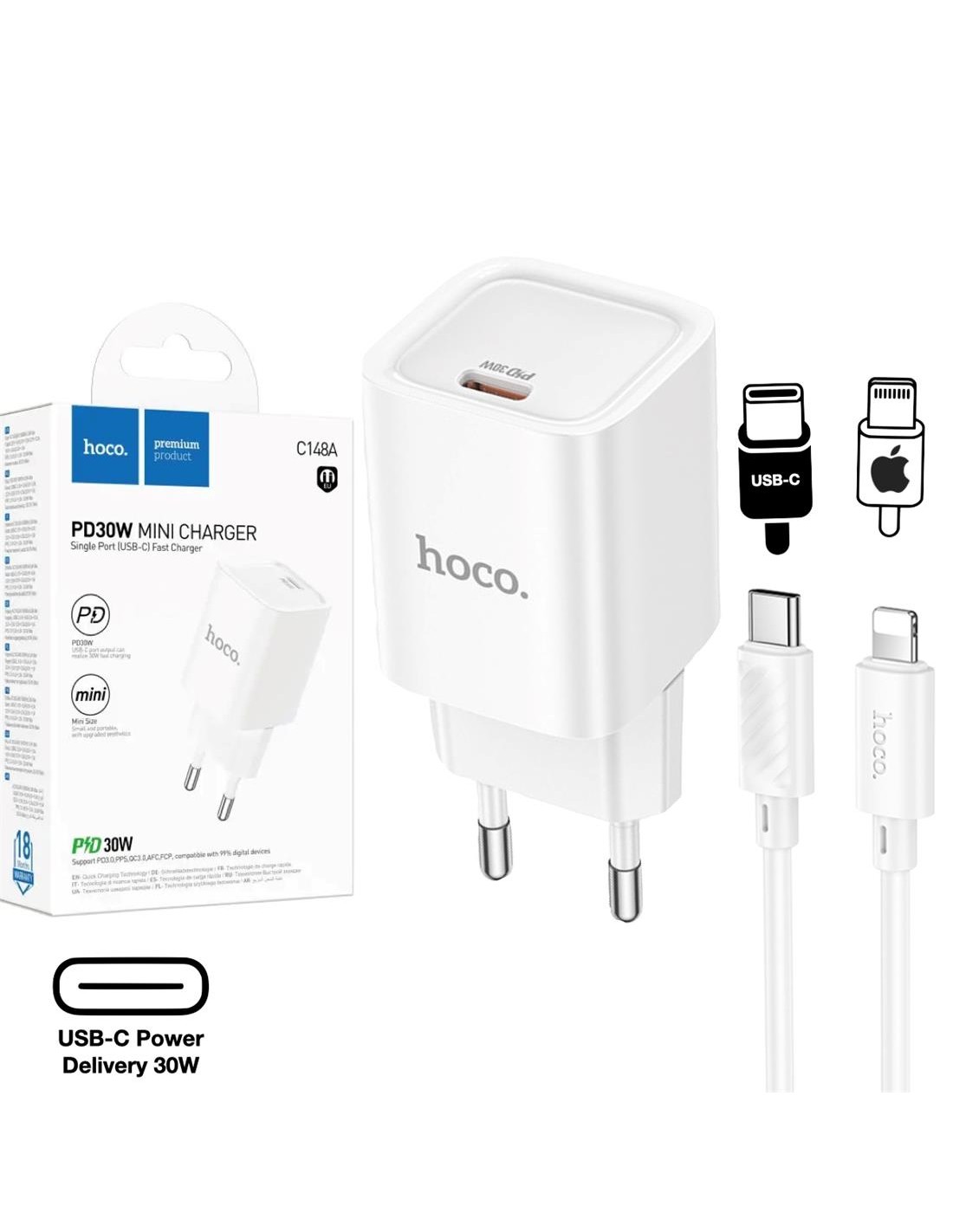 Hoco C148A Cargador Cham Single Port PD30W Type-C to Lightning White