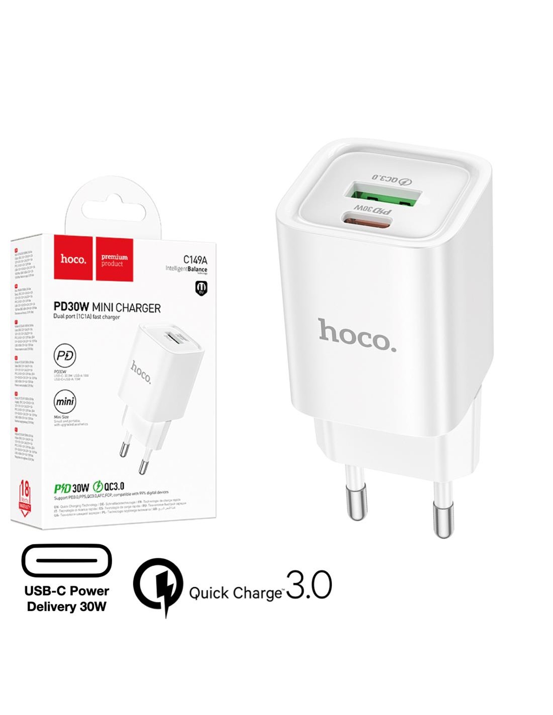 Hoco C149A Cargador Cham PD30W+QC3.0 EU White