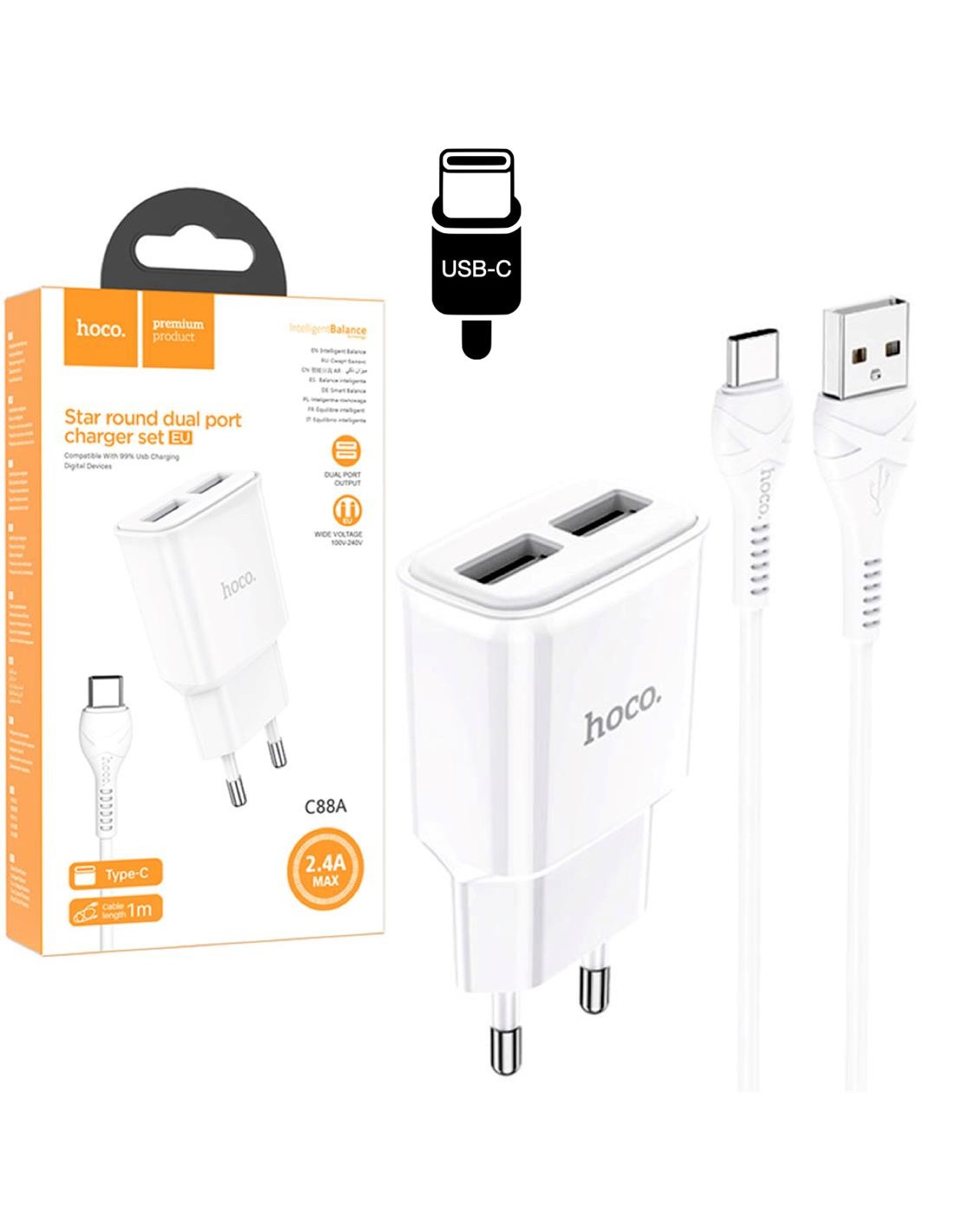 Hoco C88A Cargador Star Round Dual Port + Cable USB-C Blanco