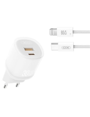 CARGADOR CARGA RÁPIDA 30W USB-A/USB-C + CABLE LIGHTNING BLANCO