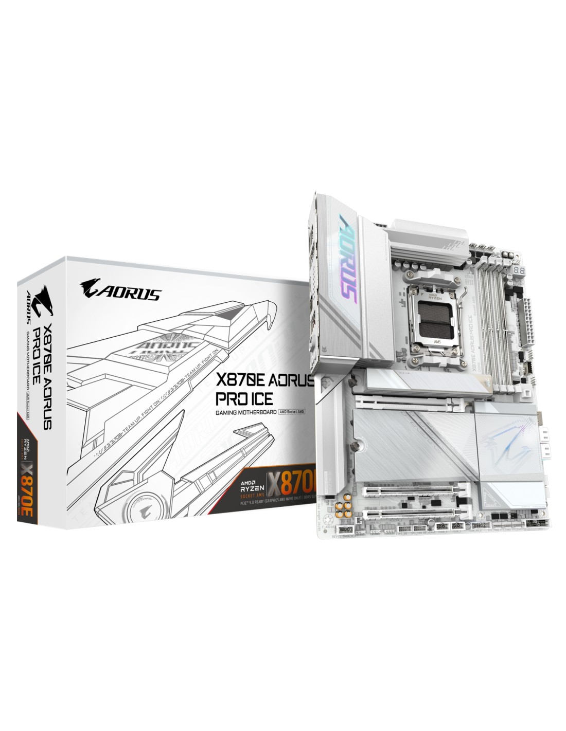 GIGABYTE X870E AORUS PRO ICE Placa Base - Soporta CPUs AMD Ryzen 9000, 16+2+2 Fases VRM Digital, hasta 8000MHz DDR5 (OC), 3xPCIe