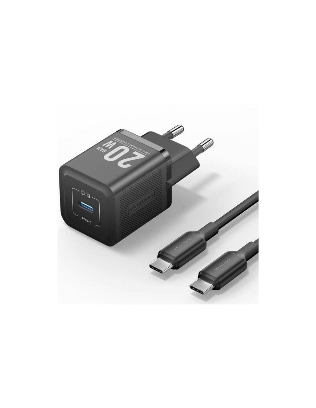 CARGADOR DE PARED VENTION GAN USB-C 20W BLACK + CABLE UCB-C 1M BLACK