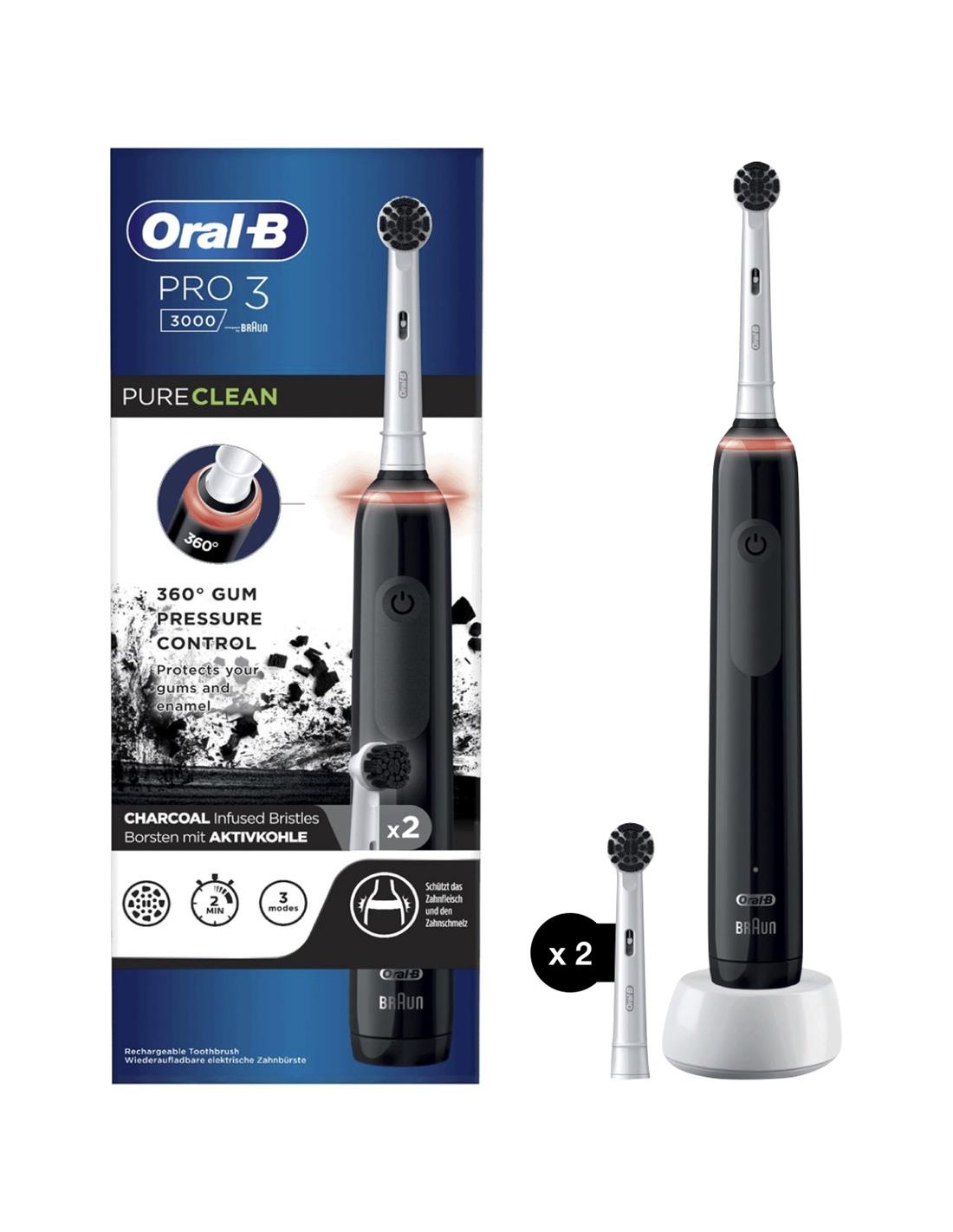 Braun Oral B Cepillo Pro 3 3000 Charcoal+ 2 Recambios (D505.523.3)
