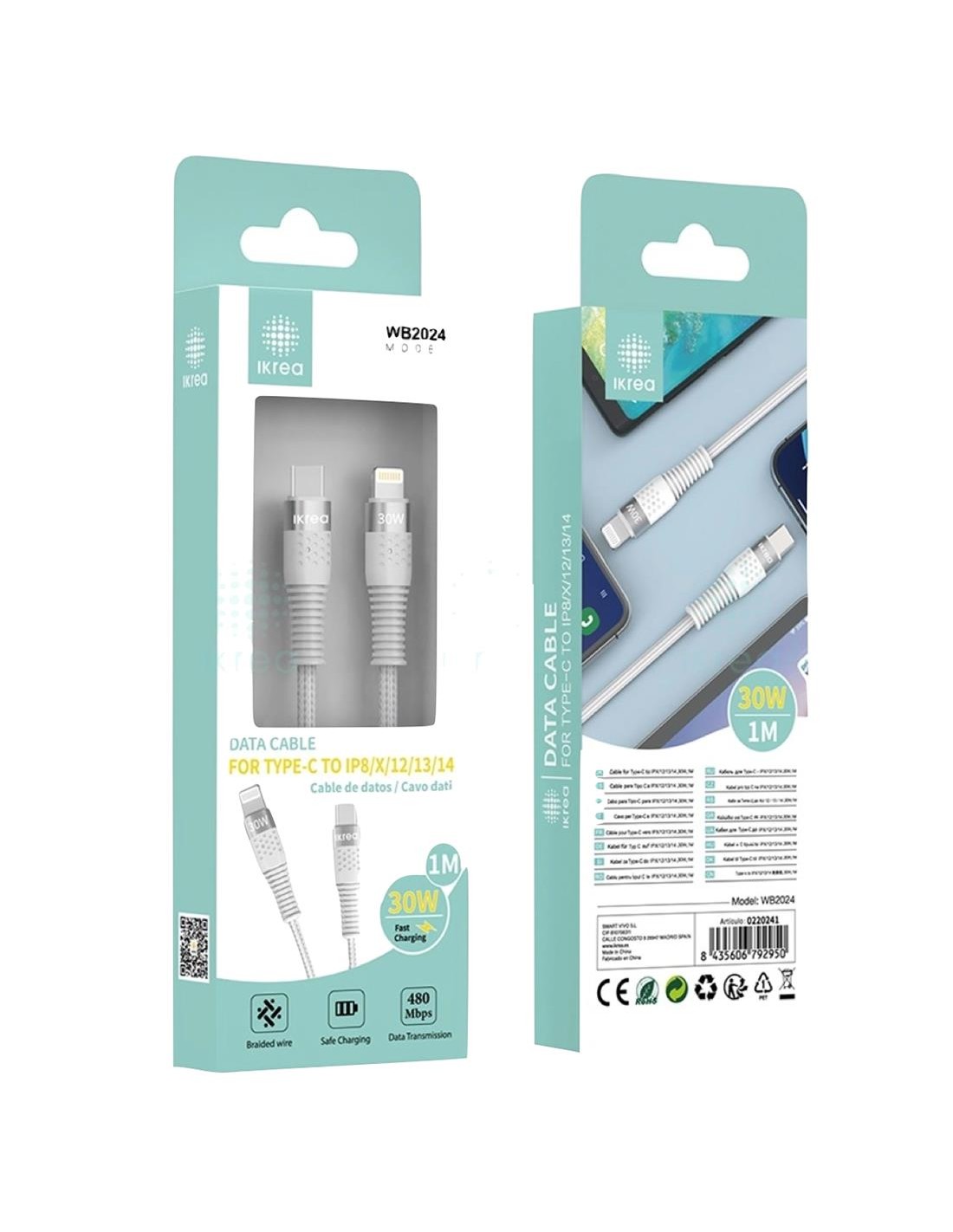 Cable USB-C a Lightnin Carga RÃ¡pida 30W 1Metro Ikrea WB2024