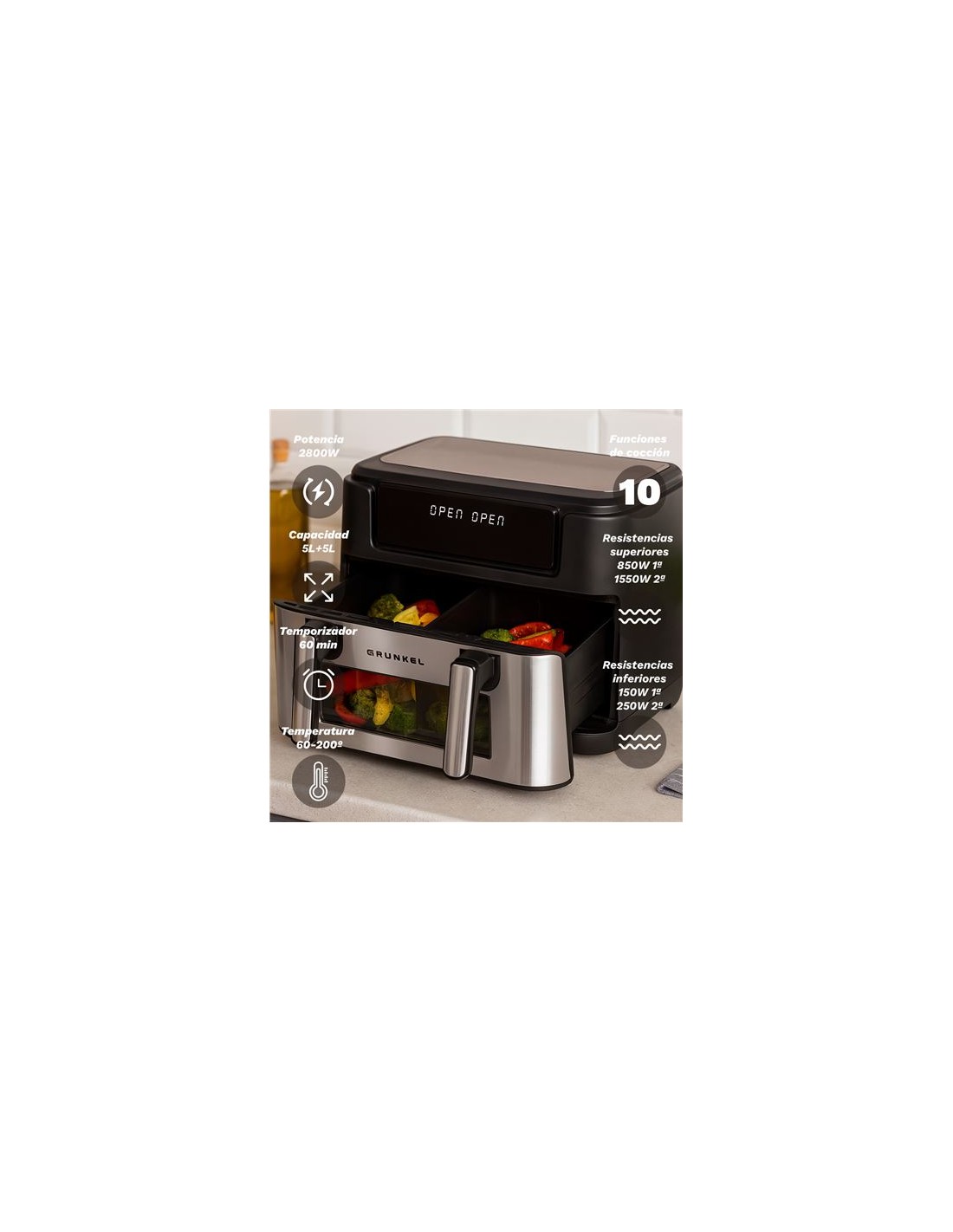 FREIDORA DE AIRE 10 LITROS 2800W CUBETOS FLEXIBLES GRUNKEL