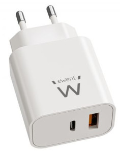 Ewent Cargador Rápido GaN de 20W USB-C PD y USB-A QC, Diseño Compacto