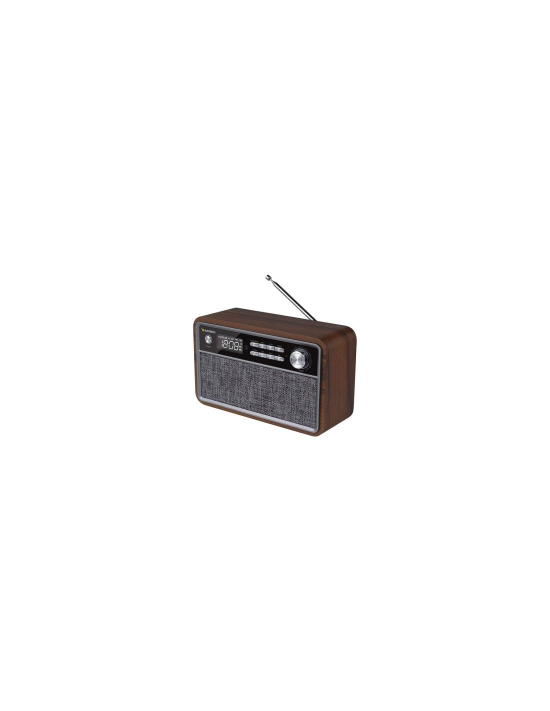 RADIO RETRO SUNSTECH MADERA 2X3W RMS FM BT 4.2 RELOJ Y ALARMA USB SD AUX-IN MP3 MANDO A DISTANCIA MICRO USB CARGA 1800MAH RPBT50