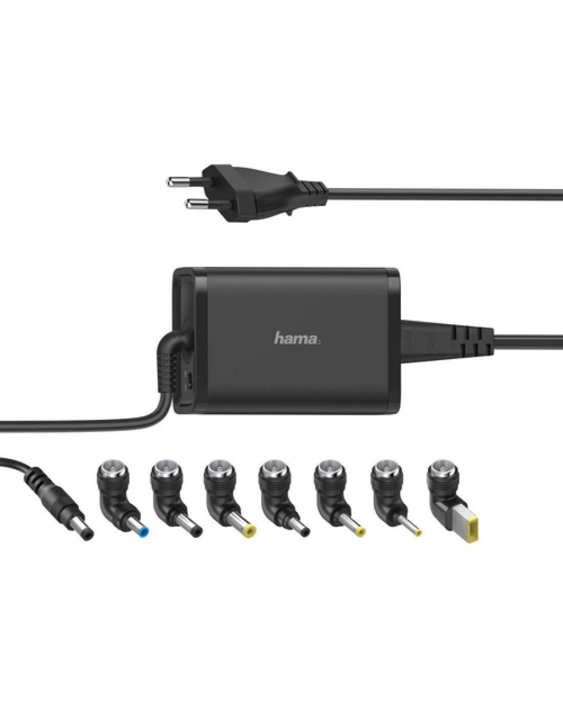 HAMA  Cargador universal portátil, con 7 adaptadores, de 15-19V/65W, Enchufe Europeo, Color negro