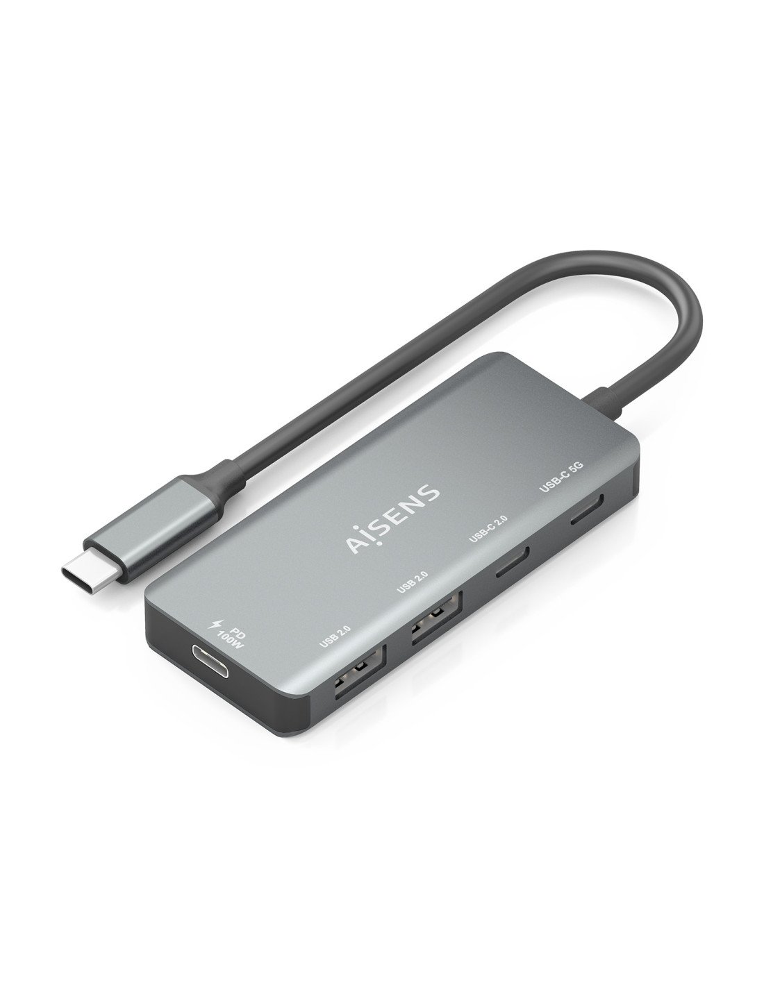 AISENS Hub USB 3.1 USB-C, USB-C/M-1xUSB-C PD 100W+1xUSB-C USB3.0/H+1xUSB-C USB2.0/H+2xUSB-A USB2.0/H, Gris, 15cm