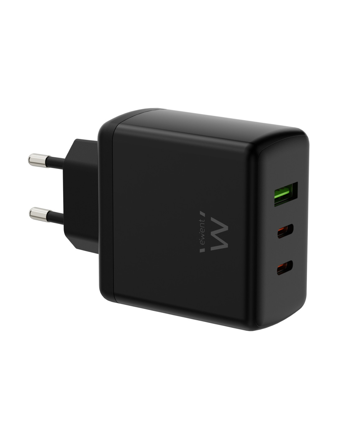 Ewent Cargador rápido GaN de 65W con 3 puertos (2 USB-C PD y 1 USB-A QC), diseño compacto
