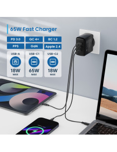 Ewent Cargador rápido GaN de 65W con 3 puertos (2 USB-C PD y 1 USB-A 2