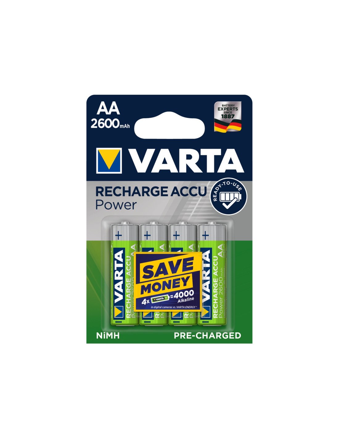 Varta blister 4 pilas recargables AA 2600mah verde plata