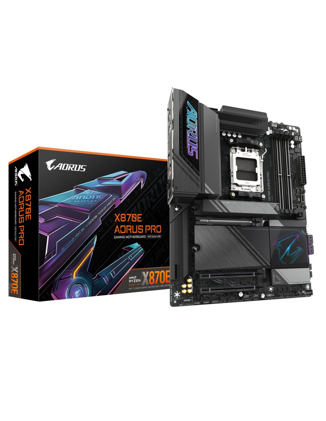 GIGABYTE X870E AORUS PRO Placa Base - Compatible con CPUs AMD Ryzen 9000, 16+2+2 fases VRM digitales, hasta 8000MHz DDR5 (OC), 3
