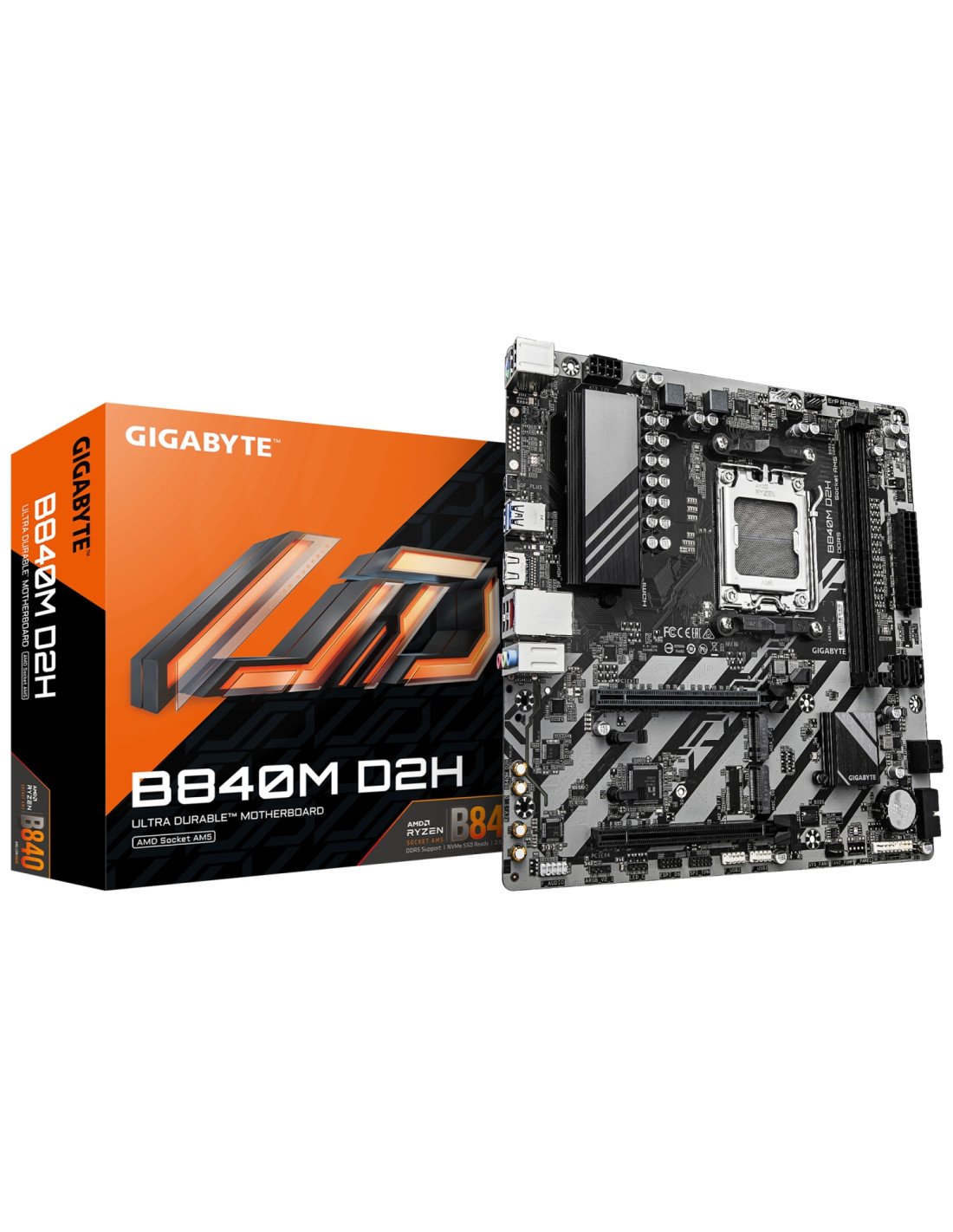 GIGABYTE B840M D2H Placa base - Procesadores AMD Ryzen 9000, VRM de 5+2+2 fases, hasta 7600 MHz DDR5, 1xPCIe 4.0 + 1xPCIe 3.0 M.