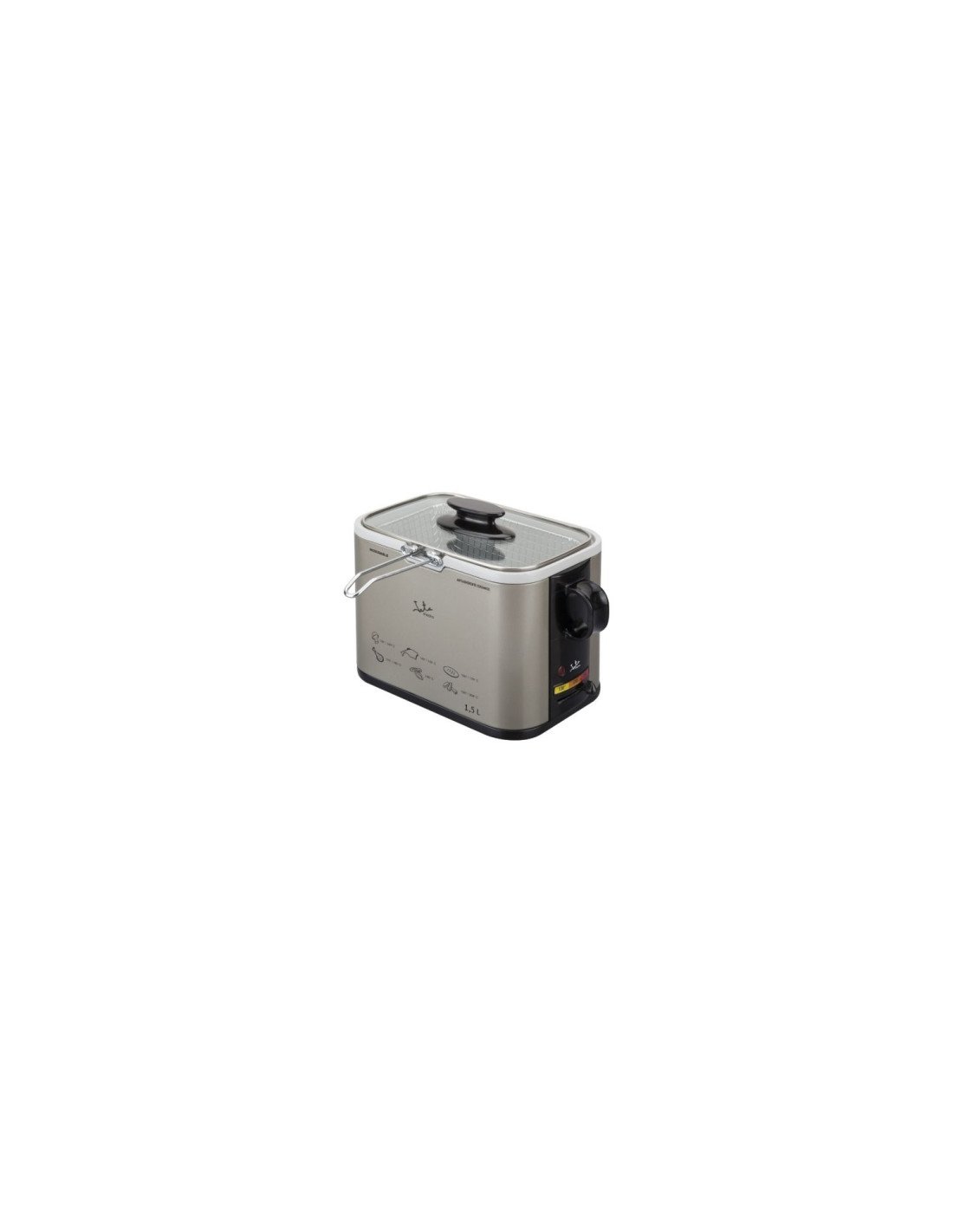 FREIDORA JATA 1000W CUBA 1.5L TAPA DE CRISTAL CON ASA TERMOSTATO REGULABLE INDICADOR LUMINOSO CUERPO INOX ANTIHUELLA FR326E