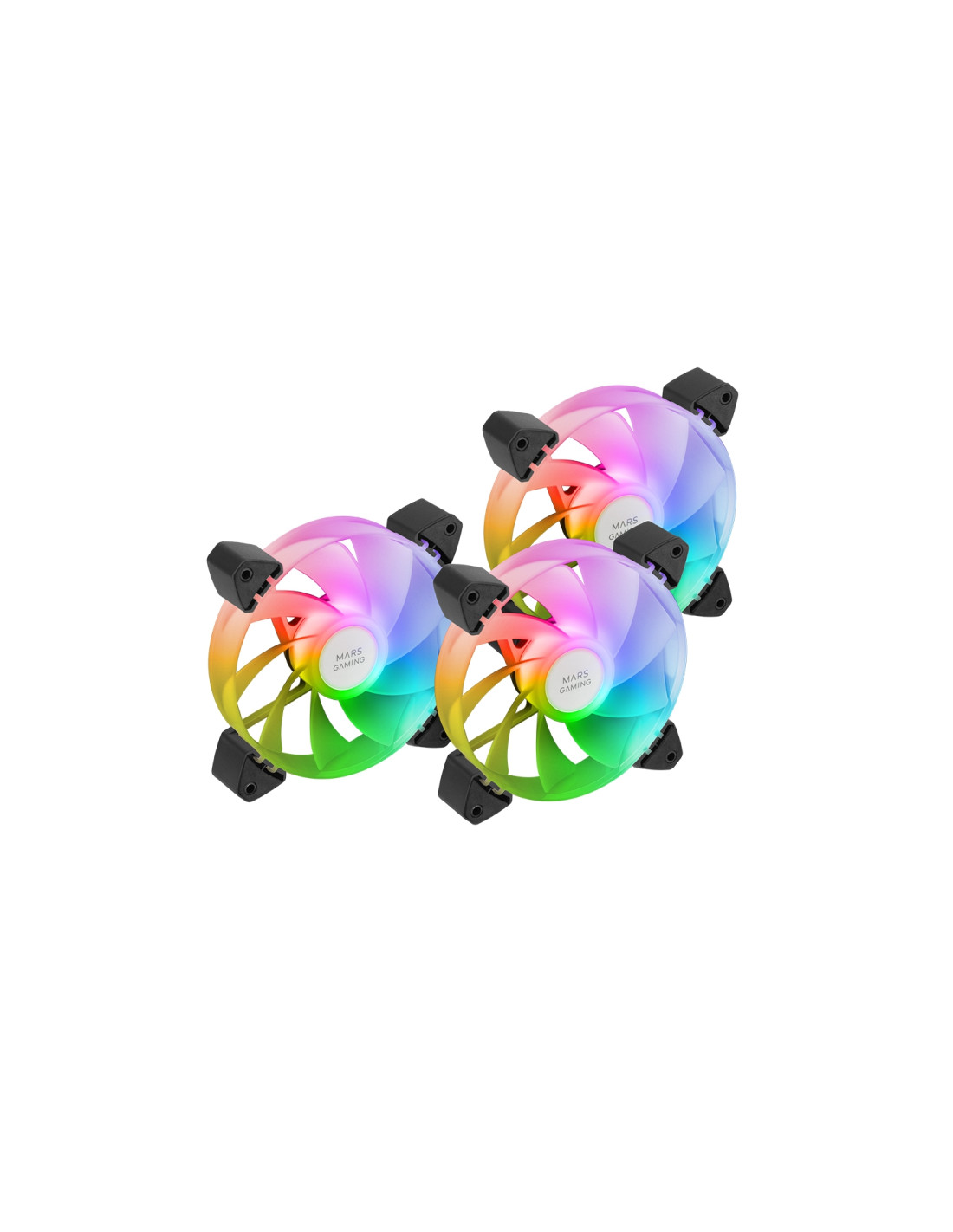 Mars Gaming MF-3AR, Kit 3x Ventiladores 120mm FDB, Aspas Invertidas, Iluminación ARGB 360° Sin Marco, Iluminación Anillo Comp
