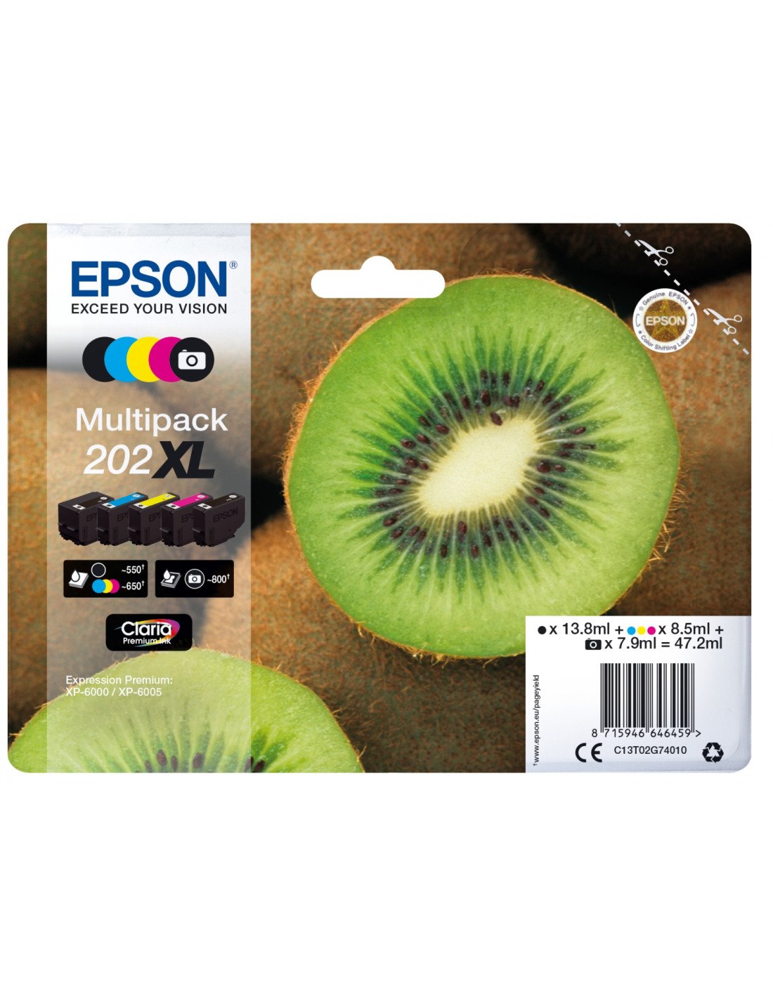 CARTUCHO TINTA EPSON MULTIPACK 202XL 5 COLORES 47.2ML KIWI C13T02G74010
