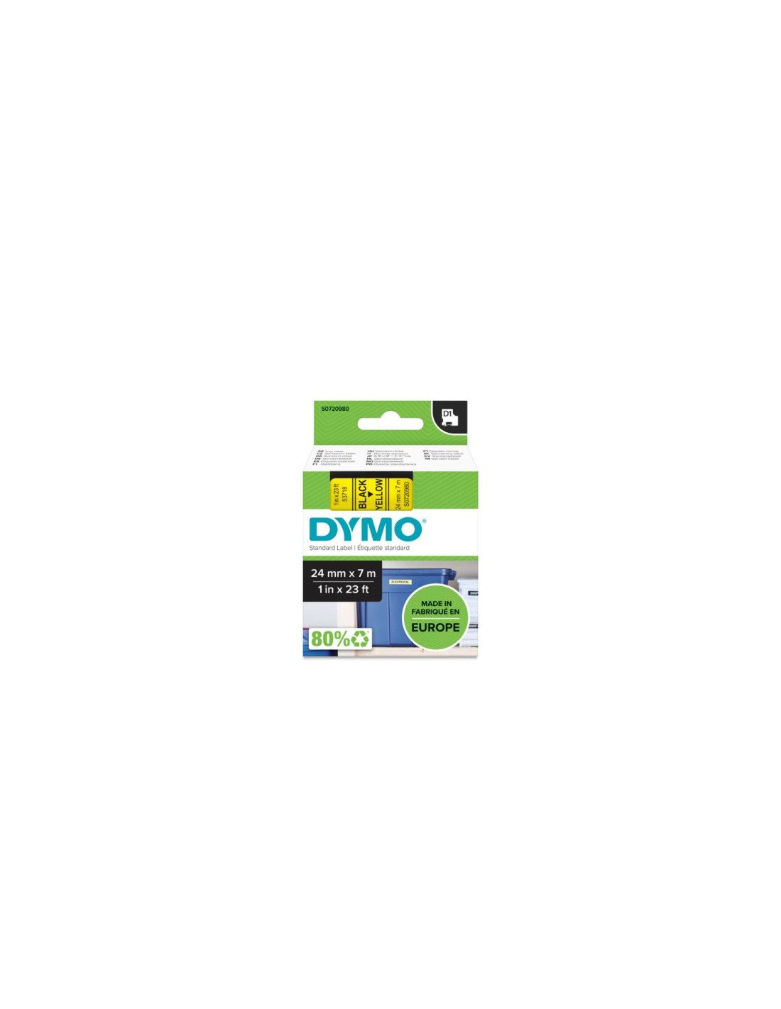 Dymo D1 Etiquetas estandar negro sobre amarillo 24mm x 7m poliester
