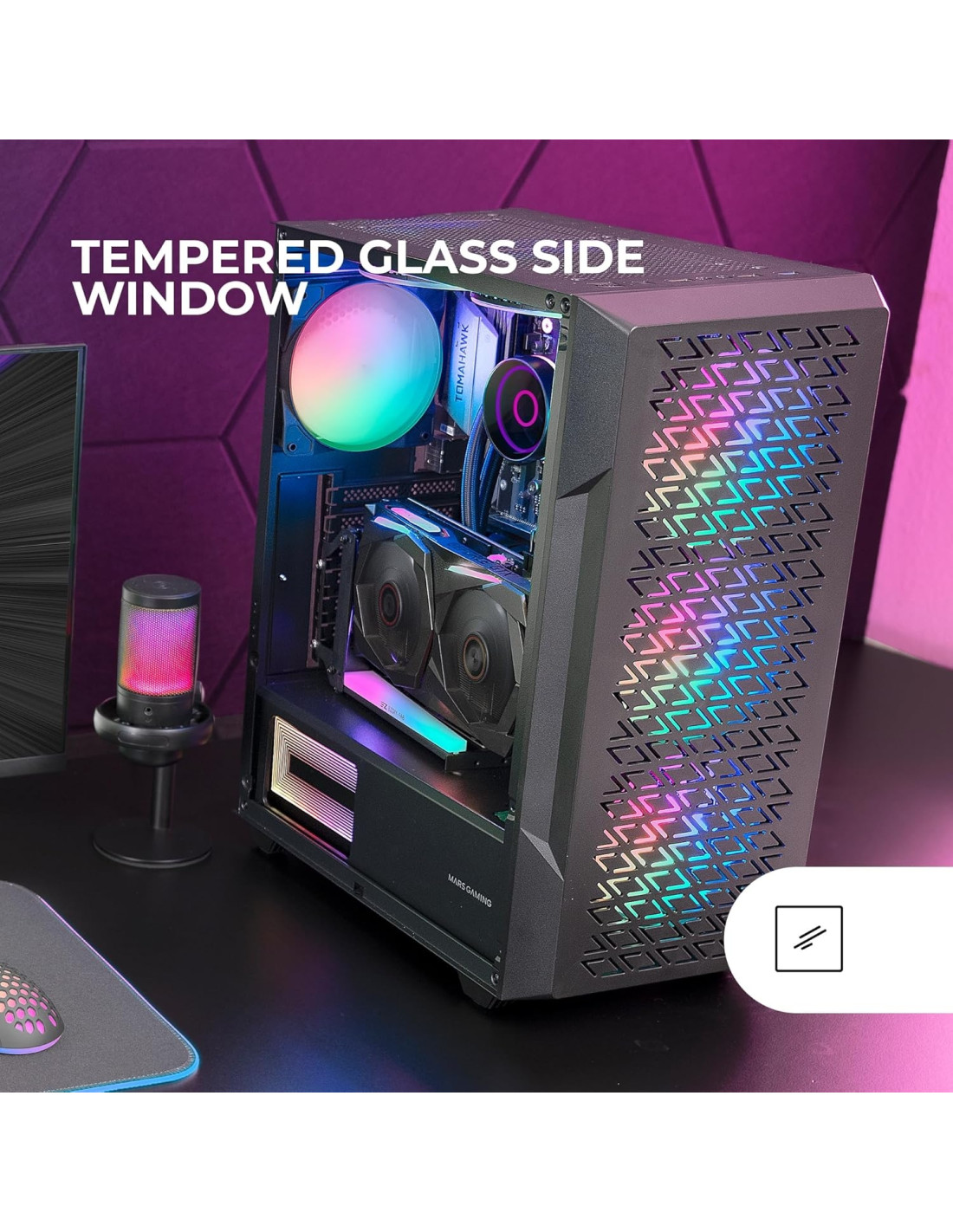 Mars Gaming MC-GEO, Caja Gaming ATX, 4x Ventiladores FRGB Rainbow 12cm, Panel Frontal Mesh Geométrico, Ventana Lateral Cristal 