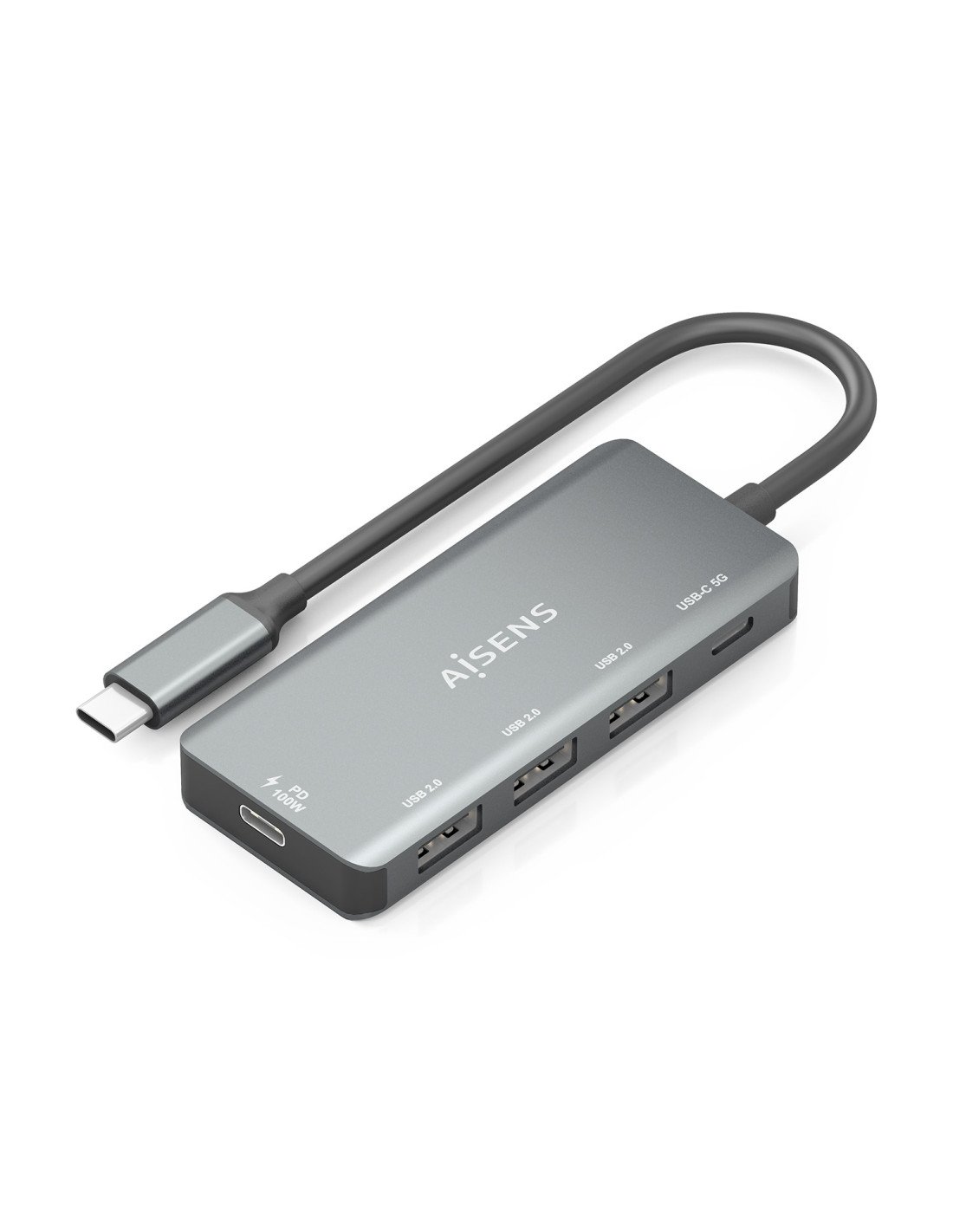 AISENS Hub USB 3.1 USB-C, USB-C/M-1xUSB-C PD 100W+1xUSB-C USB3.0/H+3xUSB-A USB2.0/H, Gris, 15cm