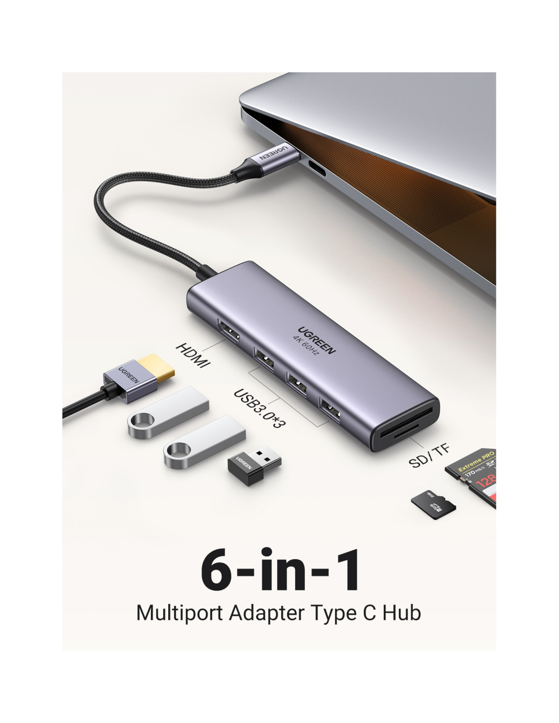 Ugreen CM511 5-in-1 Adapter USB-C Hub to 3x USB3.0 + HDMI + TF/SD Gray